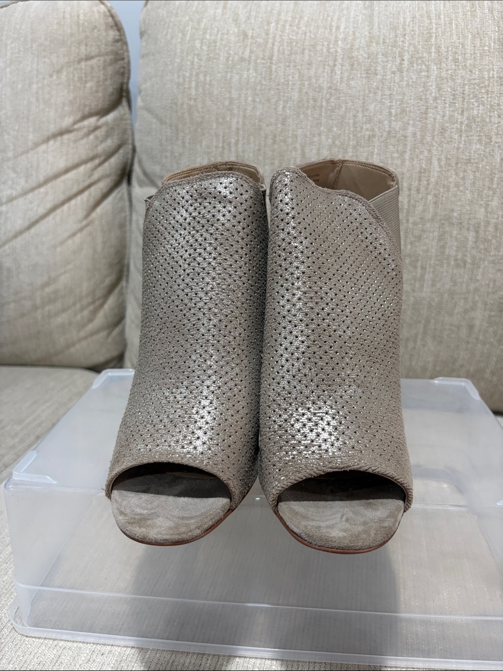 Peep-Toe Women’s Ankle Booties in Metallic Taupe: Brand is Vaneli
